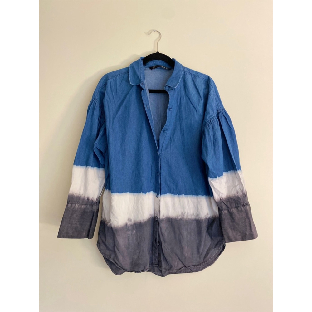 Zara Trafaluc Chambray Dipped Colorblock Button Up Tunic Small